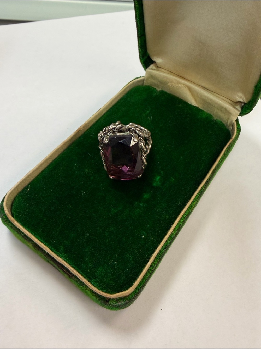 VTG hallmarked West German braided brass ring with amethyst stone silver tone